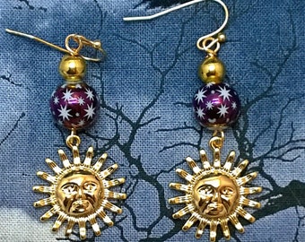 Golden Sun and Purple Starry Skies Earrings