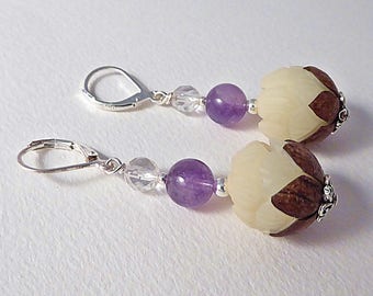 Lotus Flower Bud Earrings with Amethyst and Quartz, Sterling Silver Lever Back Fittings