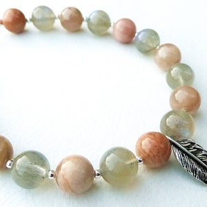 Labradorite and Sunstone Feather Charm Bracelet with Sterling Silver Clasp image 1