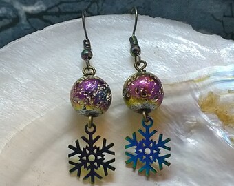 Rainbow Snowflake And Lava Stone Earrings