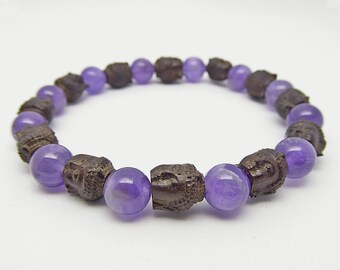 Amethyst and Carved Buddha Head Stretch Bracelet, Elasticated Bracelet