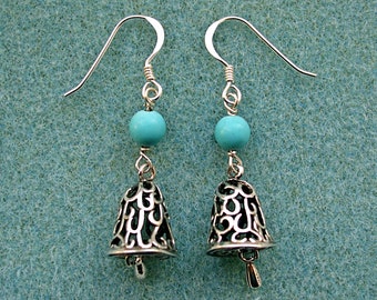 Filigree Silver Bell Earrings with Turquoise Magnesite, Sterling Silver