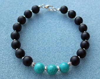 Turquoise and Matte Black Frosted Agate Bracelet with Sterling Silver