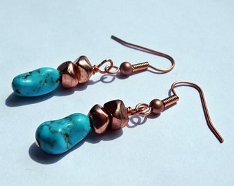 Turquoise and Copper Nugget dangle / drop earrings