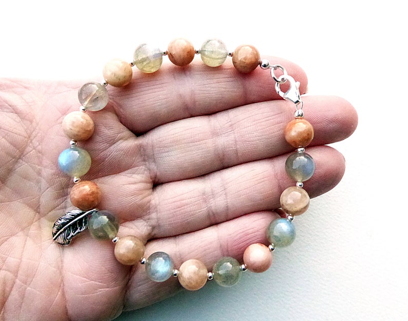 Labradorite and Sunstone Feather Charm Bracelet with Sterling Silver Clasp image 5