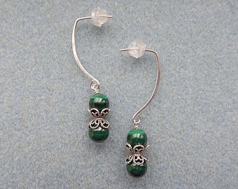 Malachite and Silver Drop Earrings.  Sterling Silver.