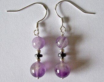 Sage Amethyst, Haematite and Sterling Silver drop earrings