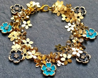 Gold Flowers Bracelet with Cherry Blossom Charms. Shaggy Boho Hippie Bracelet