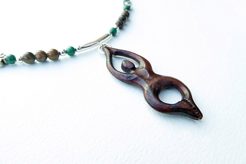 Goddess Necklace, Bronzite, Wood and Malachite with Sterling Silver image 4