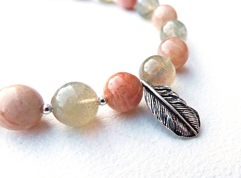 Labradorite and Sunstone Feather Charm Bracelet with Sterling Silver Clasp image 2