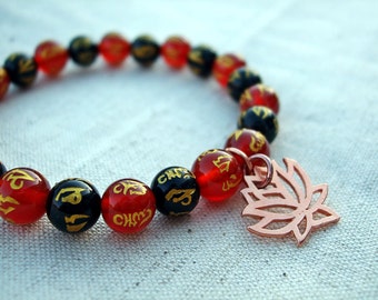 Copper Lotus Charm Om Mantra Bracelet, Black and Red Agate with Gold Mantra Symbols, Elasticated