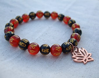 Copper Lotus Charm Om Mantra Bracelet, Black and Red Agate with Gold Mantra Symbols, Elasticated