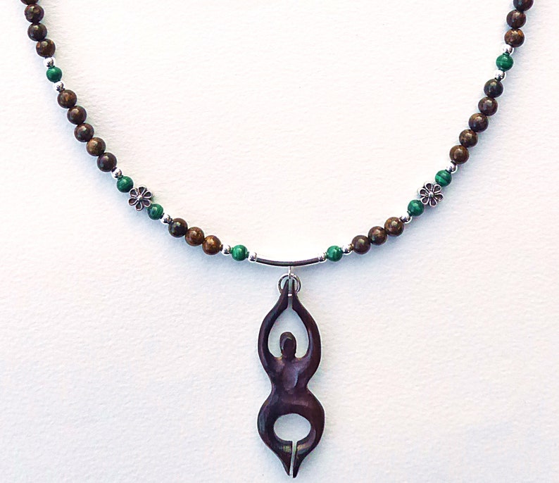 Goddess Necklace, Bronzite, Wood and Malachite with Sterling Silver image 1