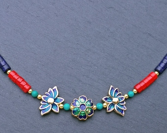 Enamelled Blue Lotus Flower Necklace with Lapis Lazuli, Turquoise and Red Porcelain