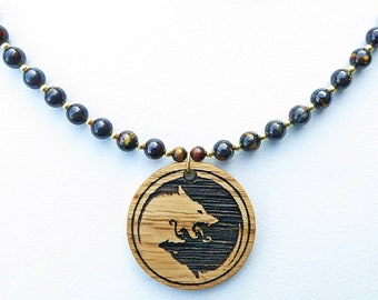 Yin Yang Wolf Necklace, Oak Wood Pendant with Tiger Iron, Norse Geri and Freki Wolves