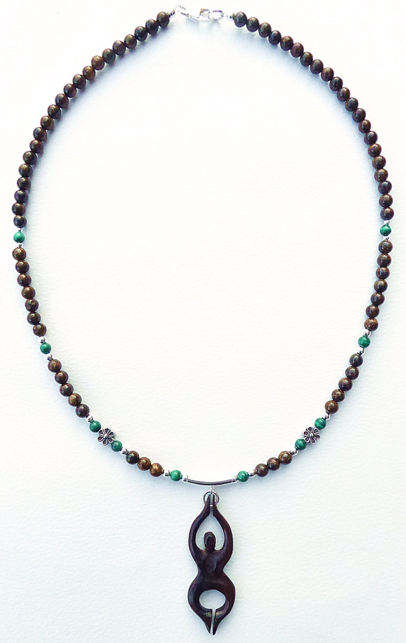 Goddess Necklace, Bronzite, Wood and Malachite with Sterling Silver image 2