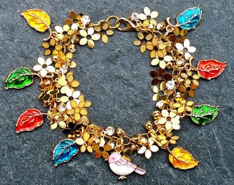 Gold Flowers Bracelet with Leaf and Bird Charms. Shaggy Boho Hippie Bracelet