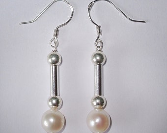 Large White Freshwater Pearl and Sterling Silver drop earrings - Margarite