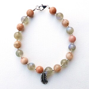 Labradorite and Sunstone Feather Charm Bracelet with Sterling Silver Clasp image 4