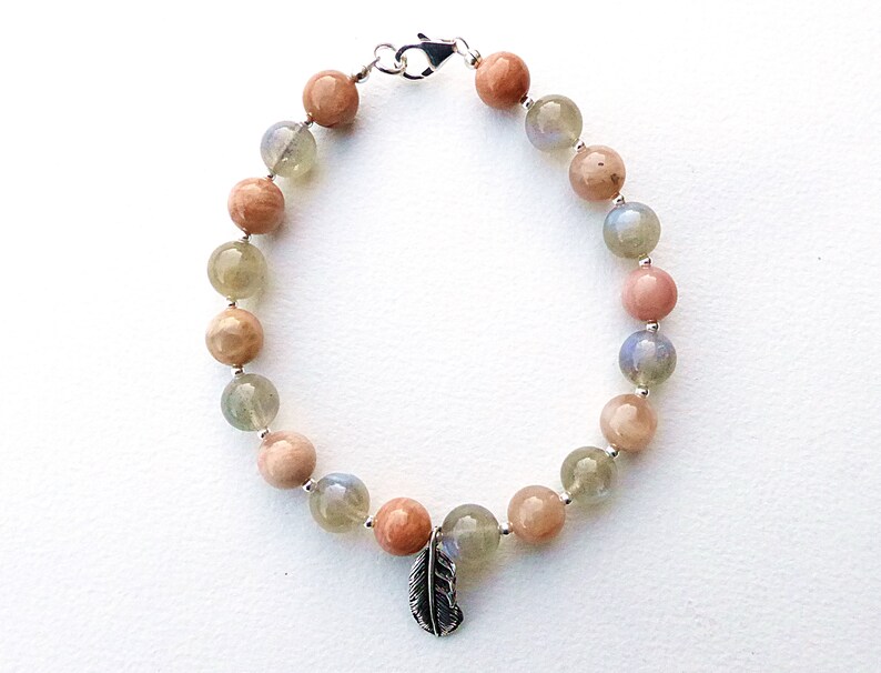 Labradorite and Sunstone Feather Charm Bracelet with Sterling Silver Clasp image 4