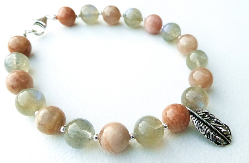 Labradorite and Sunstone Feather Charm Bracelet with Sterling Silver Clasp image 1