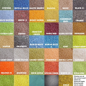 May include: A color chart featuring samples of sand in various colors, including Avocado, Royal Blue, Baltic Brown, Banana, and Beige. Each color is labeled with its name. The text indicates the sand is photographed in natural light, with a floral grain size of .4mm to .7mm.