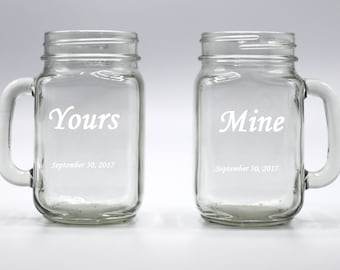 Custom Laser Etched Yours and Mine ~ Square Mason Jar Mugs- Set of 2 Glasses - Personalized
