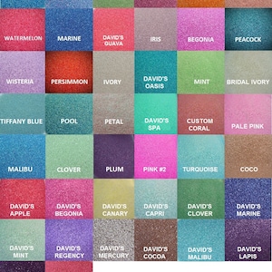 May include: A color chart of 36 different shades of sand, with names for each color. The names include "Cornflower", "Bluebird", "Meadow", "Apple", "Tangerine", "Ballet", "Watermelon", "Marine", "David's Guava", "Iris", "Begonia", "Peacock", "Wisteria", "Persimmon", "Ivory", "David's Oasis", "Mint", "Bridal Ivory", "Tiffany Blue", "Pool", "Petal", "David's Spa", "Custom Coral", "Pale Pink", "Malibu", "Clover", "Plum", "Pink #2", "Turquoise", "Coco", "David's Apple", "David's Begonia", "David's Canary", "David's Capri", "David's Clover", "David's Marine", "David's Mint", "David's Regency", "David's Mercury", "David's Cocoa", "David's Malibu", "David's Lapis", "David's Plum", "David's Coral Reef". The chart also includes the text "Custom Blended Colors Matching Today's Most Popular Shades From Top Designers and Bridal Companies."
