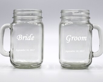 Custom Laser Etched Bride and Groom with Date Square Mason Jar Mugs- Set of 2 Glasses - Personalized