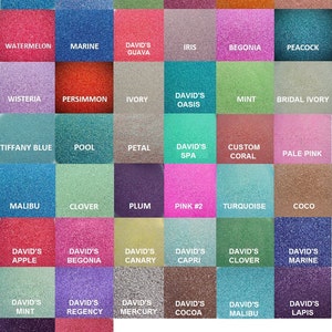 May include: A color chart featuring a grid of glitter samples in various shades, including blue, pink, green, and neutral tones. Each color is labeled with a name, such as "Cornflower," "Marine," and "Coco." The text at the bottom reads "Custom Blended Colors..."