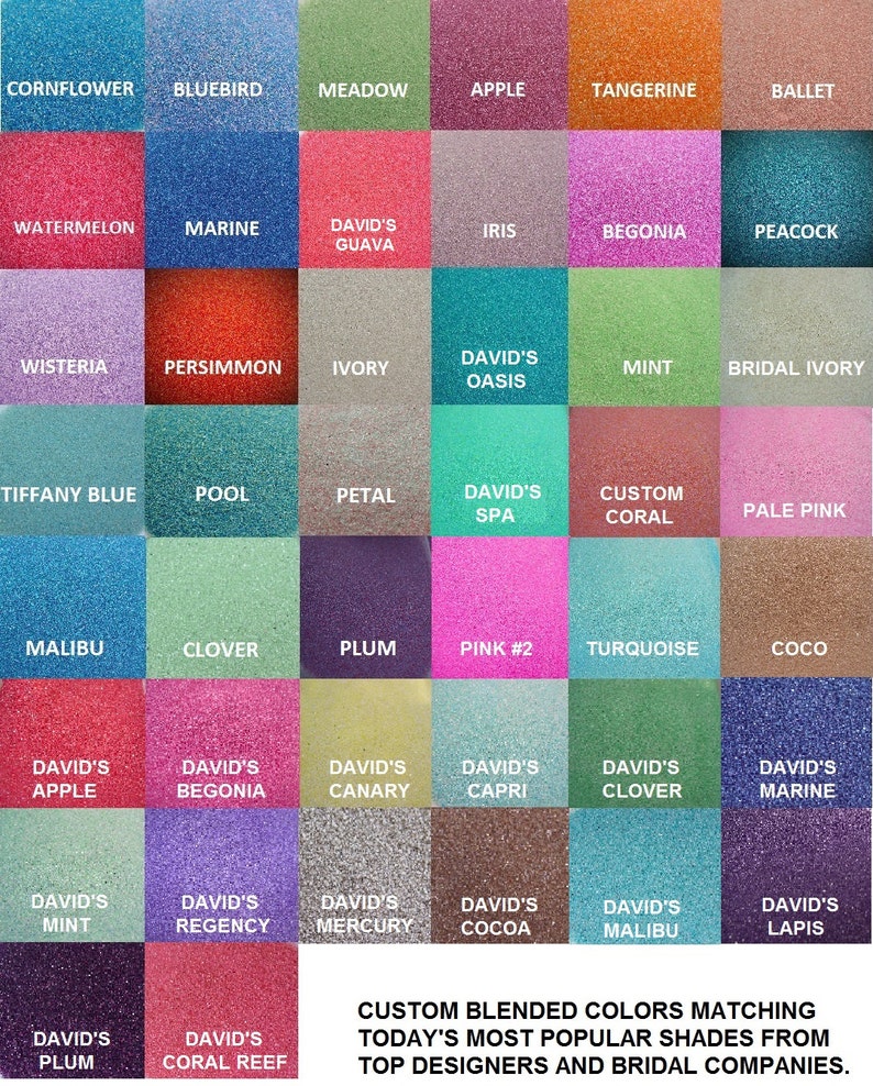 May include: A color chart featuring a grid of glitter samples in various shades, including blue, pink, green, and neutral tones. Each color is labeled with a name, such as "Cornflower," "Marine," and "Coco." The text at the bottom reads "Custom Blended Colors..."