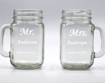 Custom Laser Etched Mr. and Mrs. with Name and Date Mason Jar Mugs- Set of 2 Glasses - Personalized