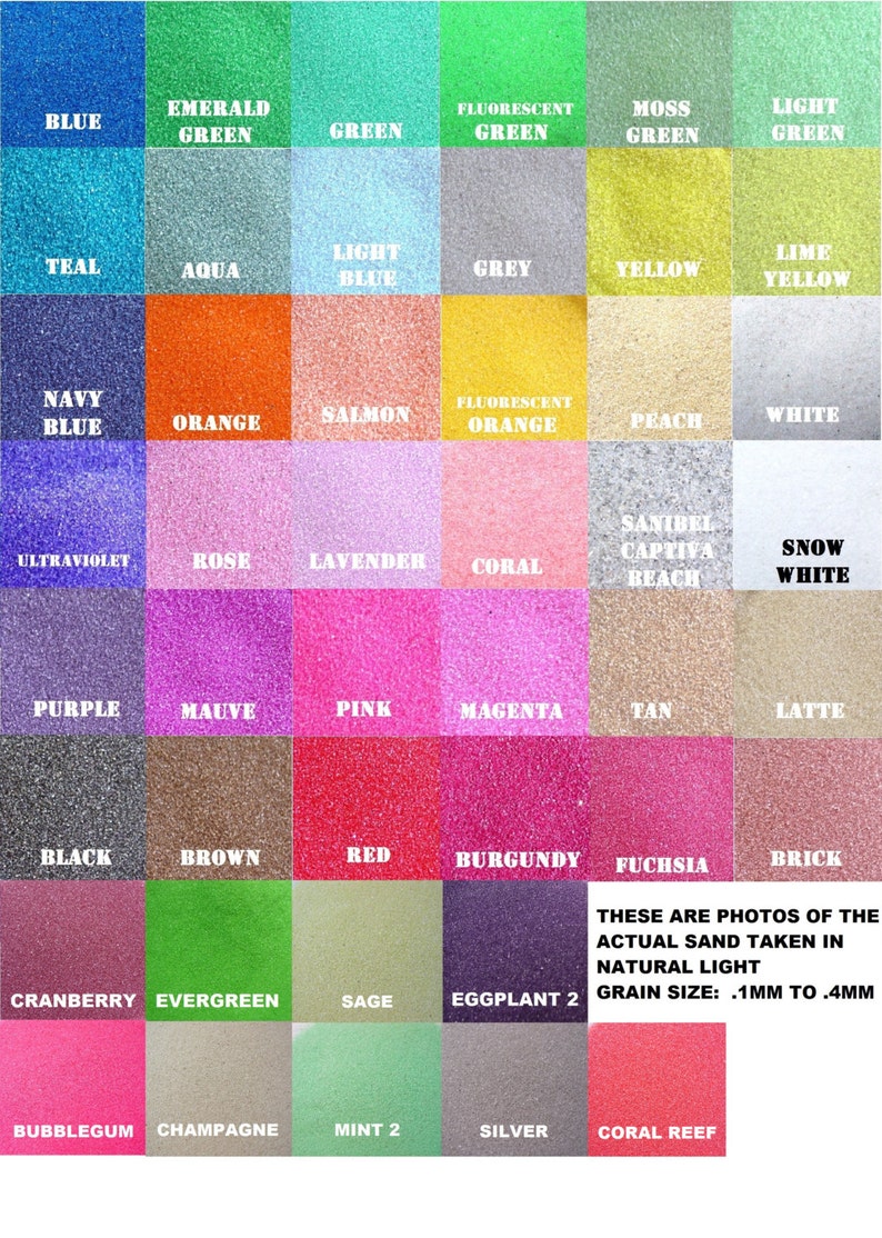 May include: A color chart showcasing various sand colors, including blue, green, orange, pink, and purple. Each color is labeled with its name. The text states: "These are photos of the actual sand taken in natural light. Grain size: .1mm to .4mm."