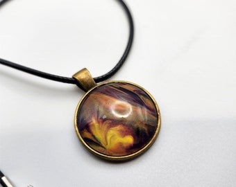 Touchstone Pendant - Bronze C - Hand Painted Glass Bezel Necklace - Custom Art Jewelry - Purple and Gold Metallic - Feather