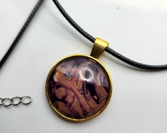 Touchstone Pendant - Gold B - Hand Painted Glass Bezel Necklace - Custom Art Jewelry - Purple and Gold Metallic