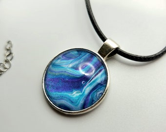 Touchstone Pendant - Silver E - Hand Painted Glass Bezel Necklace - Custom Art Jewelry - Shades of Metallic Blue, Ribbons