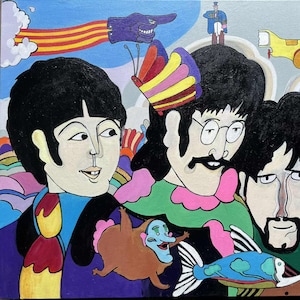 Original painting, acrylic paints on canvas, The Beatles, Yellow Submarine, Music and art, hand painted, colourful art, The Beatles art