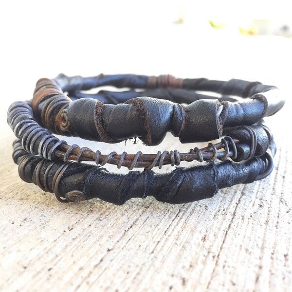 Rusted Post Apocalyptic Leather Bracelet Stack! Distressed Black Bangles Wire Wrapped Wasteland Jewelry Ready To Ship