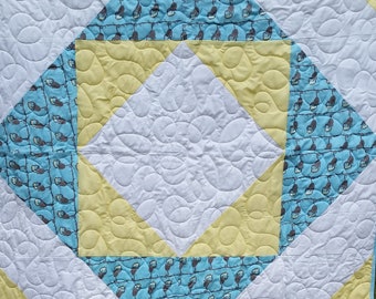 Modern baby quilt blanket, Shower gift, Baby boy, Blue yellow white, Monkeys, Diamond patchwork, Minky blanket, Minky baby blanket boy