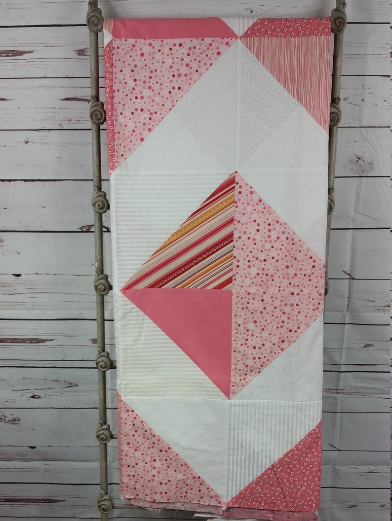 Unfinished quilt top Modern queen quilt Diamond pattern Queen quilt blanket, Pink and white Quilt kit Ready to quilt image 1