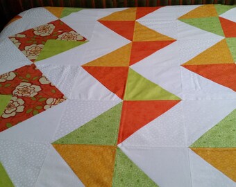 Unfinished twin quilt top -- Modern chevron --  DIY ready to quilt -- Orange flowers -- Queen quilt top -- OOAK handmade