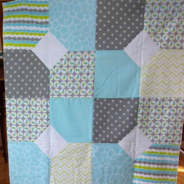 Unfinished Quilt Top Ready to Quilt Lap Throw Baby Boy Quilt Blanket Flannel Blue Green Gray White Birds
