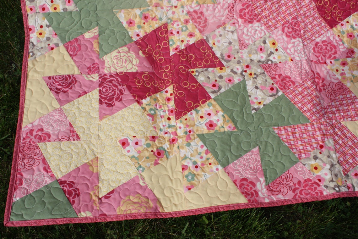 Twin Quilt Bedding for Girl Pink Green White Handmade Twister Etsy
