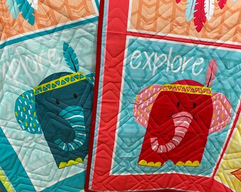 Baby Quilt -- Boy or Girl -- Arrows, elephants, feathers, teepee -- Be brave, explore, dream, love