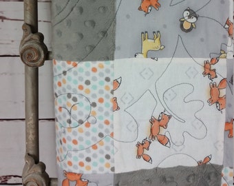 Kocyk dla niemowląt Woodland Patchwork -- Kocyk dla niemowląt Minky -- Ręcznie robiony prezent na baby shower