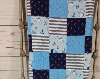 Patchwork baby boy quilt -- Soft minky baby blanket -- Handmade baby shower gift -- Nursery play mat -- Nautical sailboat dog