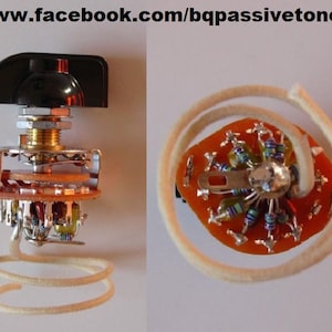 Puede incluir: Dos vistas detalladas de un componente de control de tono de guitarra. El lado izquierdo muestra el control ensamblado con una perilla negra y un cable enrollado. El lado derecho muestra la placa de circuito con varias resistencias y un cable enrollado. El texto "www.facebook.com/bqpassivetone" es visible.
