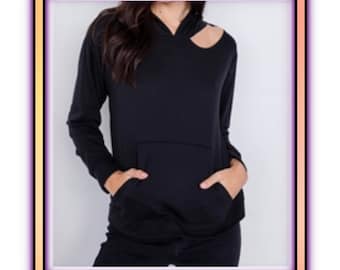 AWESOME! Black hoodie shirt with cut out shoulder and front pocket, S,M,L- Brand New!