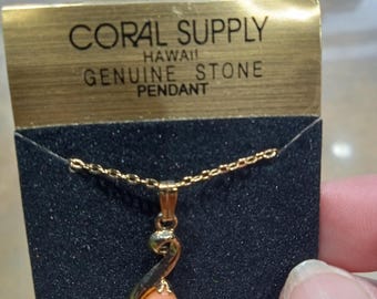 Angel Skin Coral Pendant necklace  9x24mm Cabochon Coral Supply Hawaii - New Old Stock!