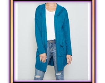 Super Soft Teal Blue Long Sleeve Open Front Hoodie Hooded Cardigan Jacket with pockets S,M,L - Brand New!
